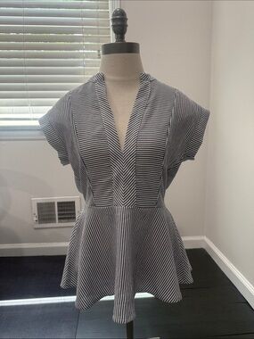 Monteau Black and White Striped V-Neck Peplum Tunic